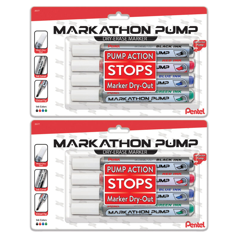 Markathon Pump Dry Erase Marker, Chisel Tip, Assorted Colors, 4 Per Pack, 2 Packs