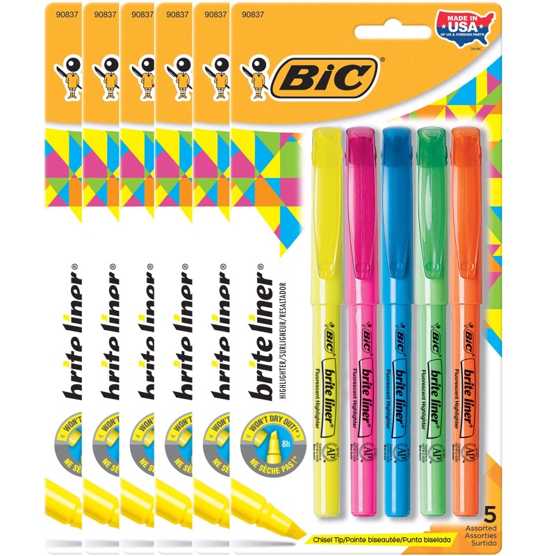 Brite Liner&reg; Highlighters, Chisel Tip, Assorted Colors, 5 Per Pack, 6 Packs