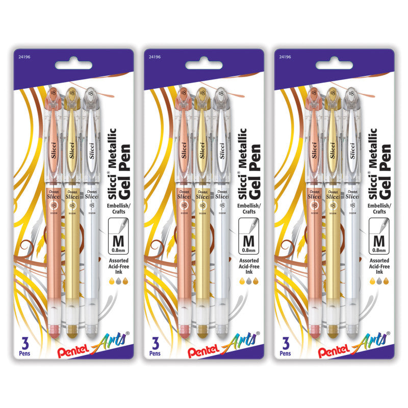 Slicci Metallic Gel Pen, Med 0.8mm Needle Tip, Assorted Ink (E/X/Z), 3 Per Set, 3 Sets