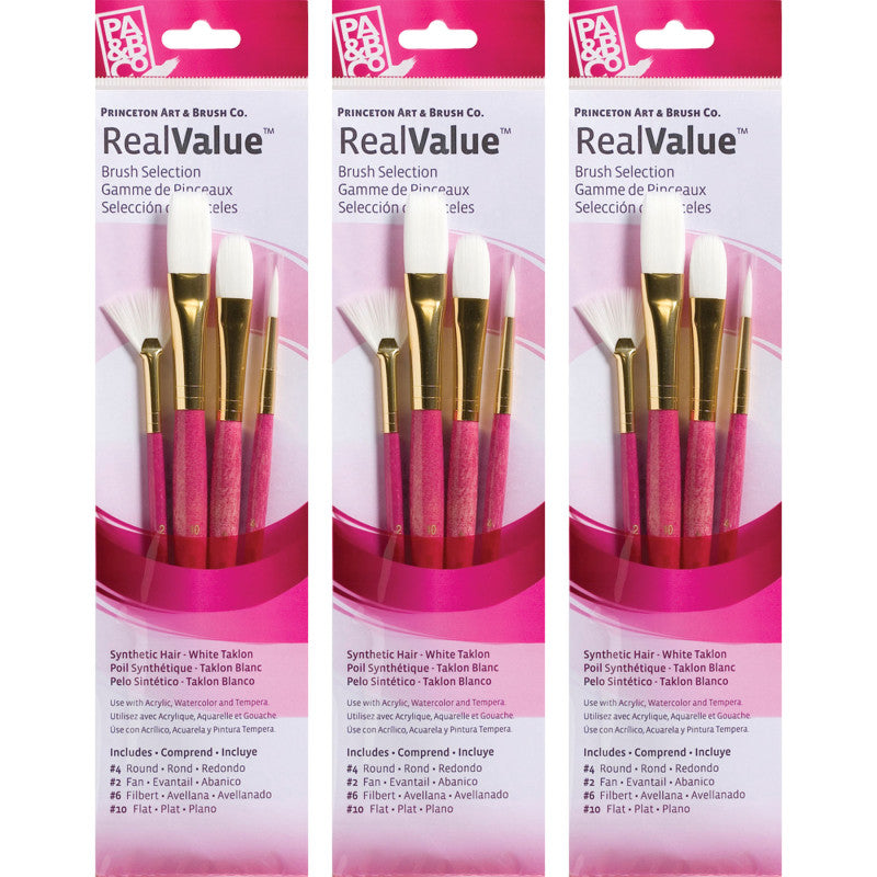RealValue Brush Set, White Taklon Bristles, Short Handle Mixed Media Paintbrush, Pink, 4 Per Set, 3 Sets