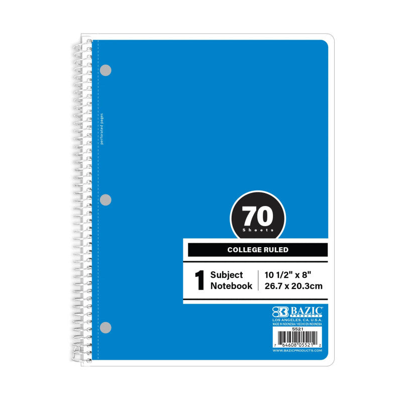 1-Subject Spiral Notebook, College Ruled, 70 Count, Blue