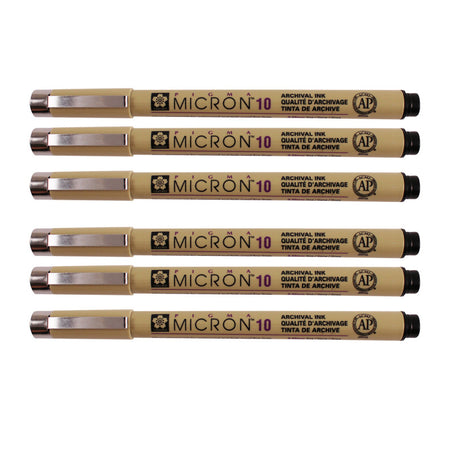 Pigma Micron Pen, Black, 0.60mm Size 10, Pack of 6