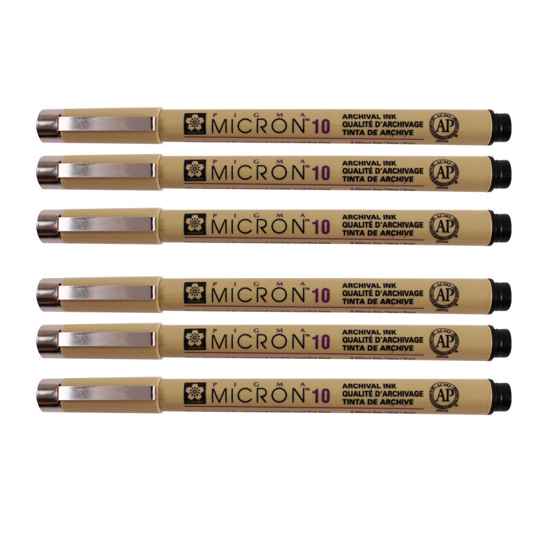 Pigma Micron Pen, Black, 0.60mm Size 10, Pack of 6