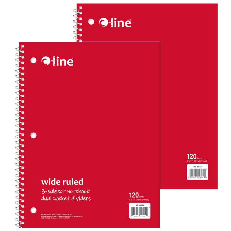 Wide-Ruled 3-Subject Notebooks, 120 Sheets, Red, 2-Pack