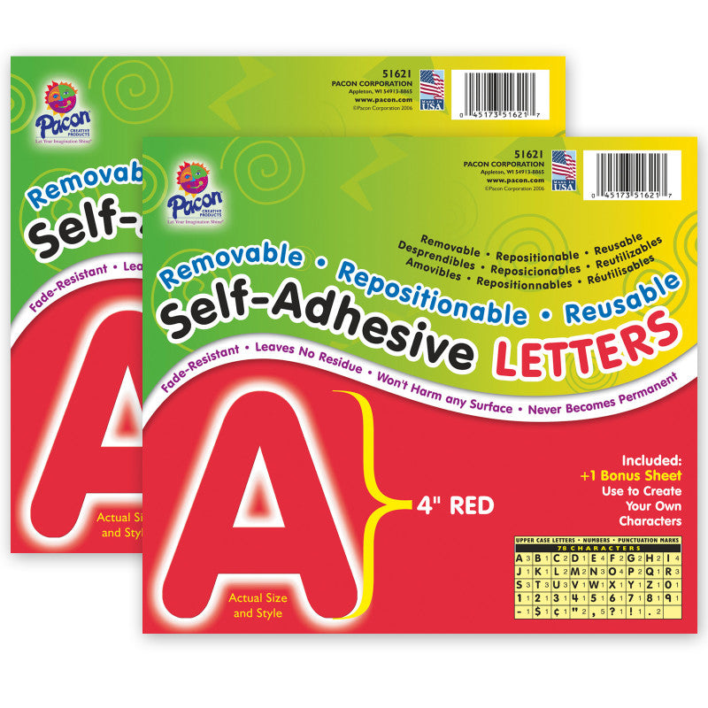 Self-Adhesive Letters, Red, Puffy Font, 4", 78 Characters Per Pack, 2 Packs