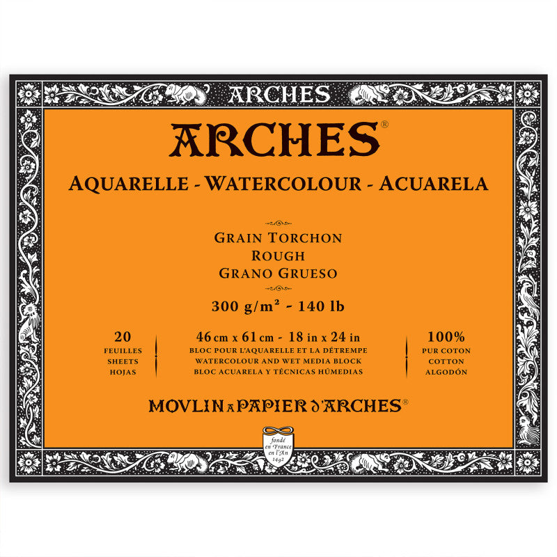 Arches Aquarelle Watercolor Paper Block, Rough, Natural White, 140lb/300gsm, 20 Sheet, 18x24 inch, 1 Count