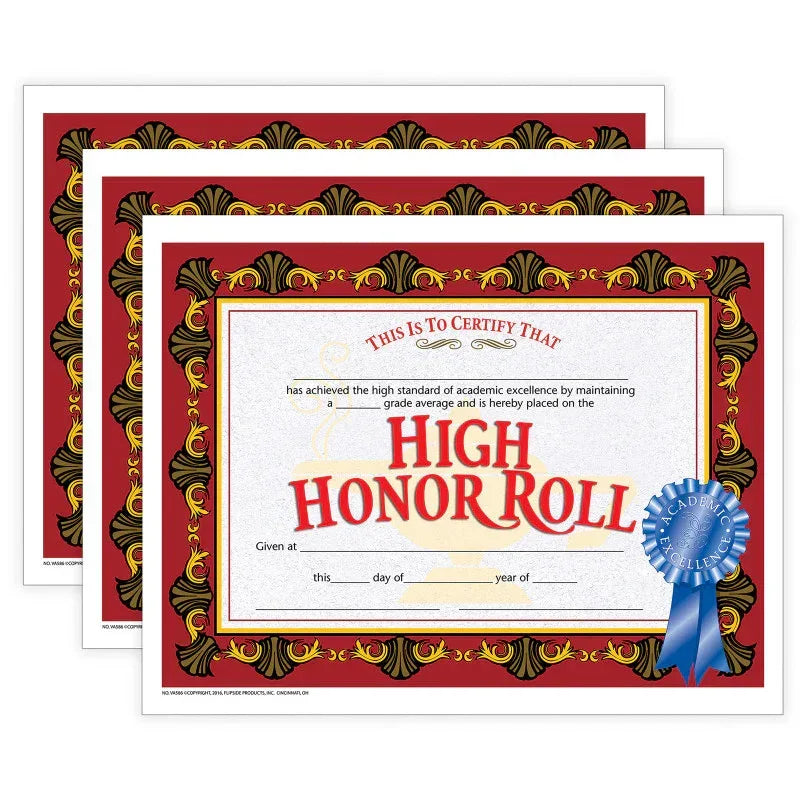 High Honor Roll Certificate, 30 Per Pack, 3 Packs