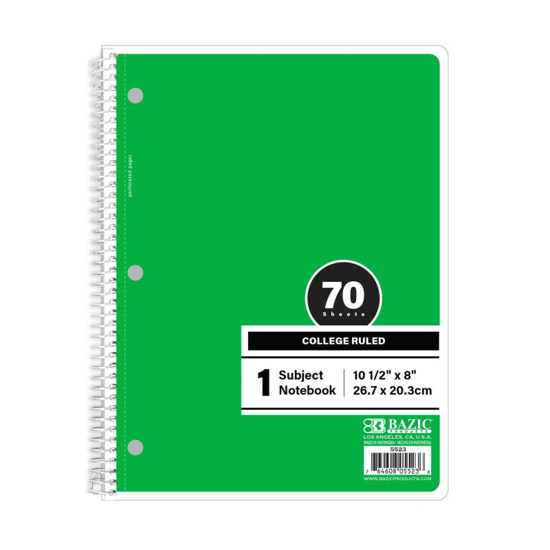 1-Subject Spiral Notebook, College Ruled, 70 Count, Green