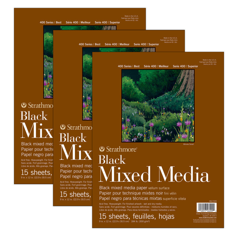 400 Series Mixed Media Pad, Black, Glue Binding, 15 Sheet, 9x12 inch, Pack of 3