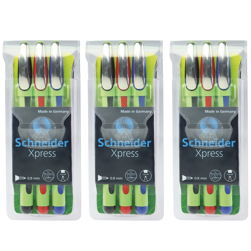Xpress Fineliner Pen, Fiber Tip, 0.8 mm, 3 Colors Per Pack, 3 Packs