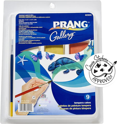 Prang Gallery Classic Tempera Paint Cakes, 9 Color Set with Divided Pan and Brush