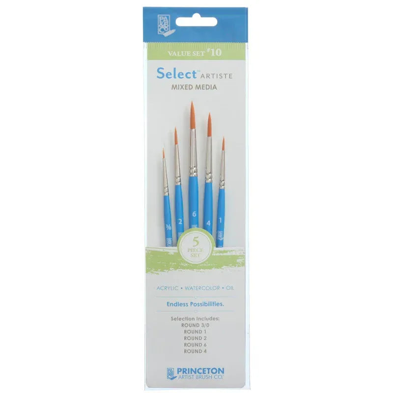 Select Artiste Brush Set No. 10, Synthetic Bristles, Short Handle Mixed Media Paintbrush, Jewel Blue, 5 Pieces