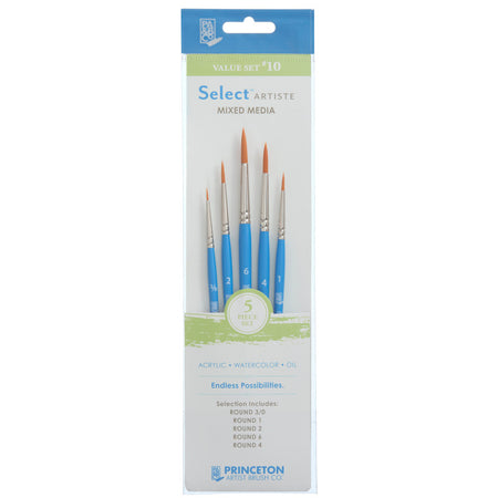 Select Artiste Brush Set No. 10, Synthetic Bristles, Short Handle Mixed Media Paintbrush, Jewel Blue, 5 Pieces