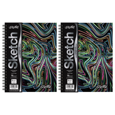 Fashion Poly Sketch Book, 9" x 12", 75 Sheets, Neon Abstract Design, Pack of 2