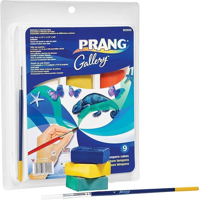 Prang Gallery Classic Tempera Paint Cakes, 9 Color Set with Divided Pan and Brush