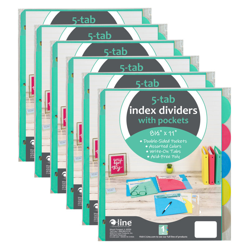 5-Tab Poly Index Dividers w/Slant Pocket, Assorted Colors, 5 Per Pack, 6 Packs
