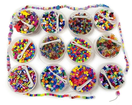 Hygloss Products Beads Treasure Box - Includes 12 Buckets of Assorted Colored Beads with Beading Thread and Over 3500 Beads, Multicolor,(HYG9906)