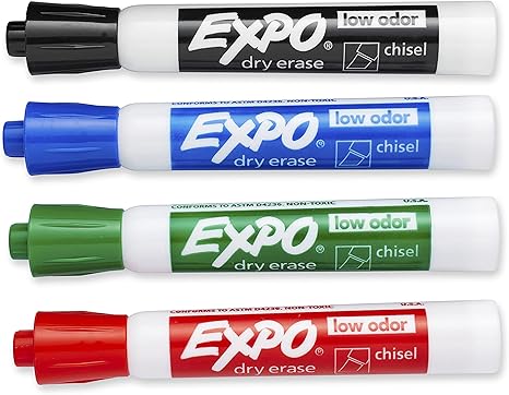EXPO® Low-Odor Dry Erase Markers, Chisel Tip, Assorted Colors, 4-Count