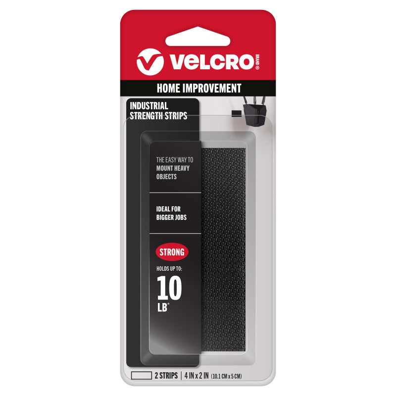 Industrial Strength Hook and Loop Strips, 4 in x 2 in, Black, 2 Count