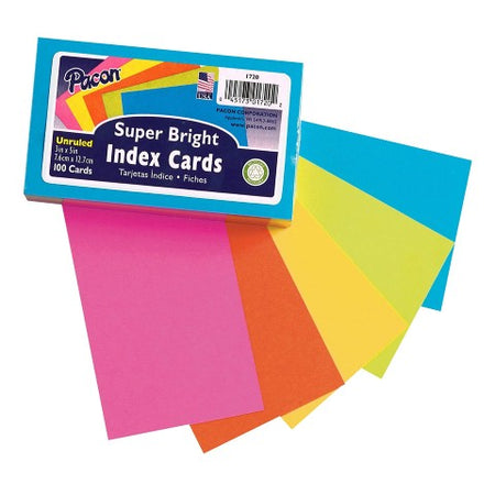 Index Cards, Super Bright Assorted 5 Colors, Unruled 3" x 5", 100 Per Pack
