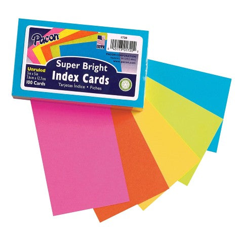 Index Cards, Super Bright Assorted 5 Colors, Unruled 3" x 5", 100 Per Pack