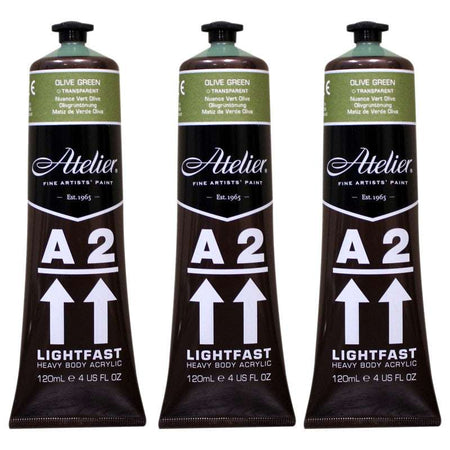 A2 Heavy Body Lightfast Artist Acrylic, 4 oz., Olive Green Hue, Pack of 3
