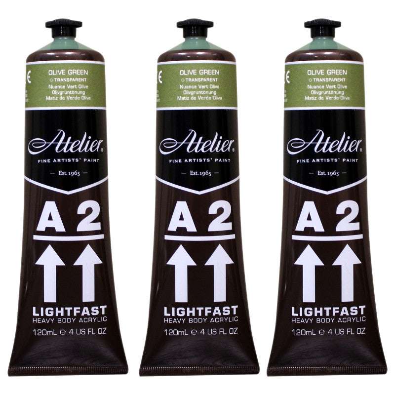 A2 Heavy Body Lightfast Artist Acrylic, 4 oz., Olive Green Hue, Pack of 3