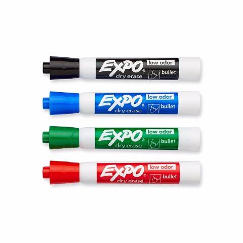 EXPO® Low-Odor Dry Erase Markers, Bullet Tip, Assorted Colors, 4-Count