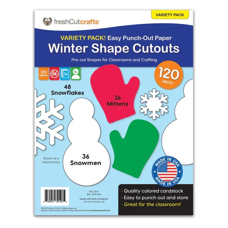 Punch Out Paper Cutouts, Winter Shapes, Snowflakes, Mittens & Snowman, 120 Pieces