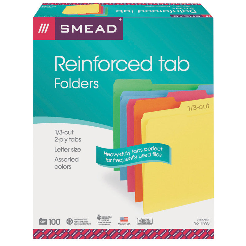 File Folders, Reinforced 1/3-Cut Tab, Letter Size, Assorted Colors, Box of 100