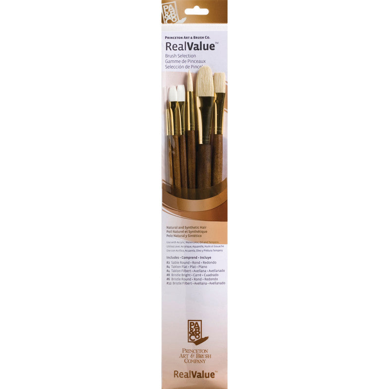 RealValue Brush Set, Natural Bristles, Long Handle Mixed Media Paintbrush, Brown, 6 Pieces