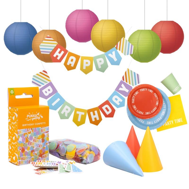 Bright Birthday Party Kit for 24 Guests, Colorful Decorations, Tableware, Banner, Lanterns, Confetti & Hats