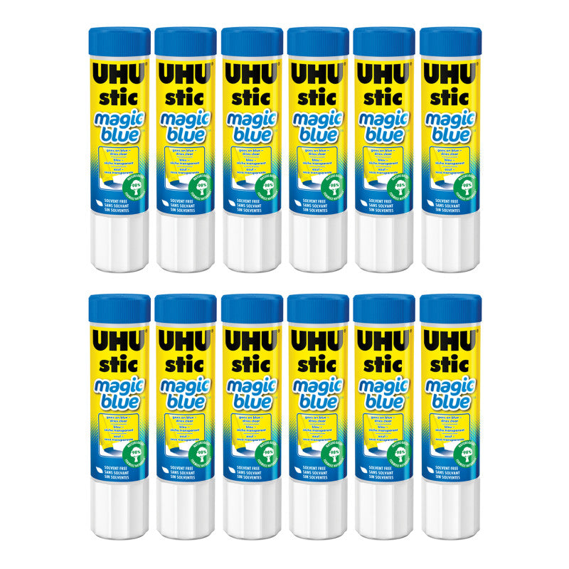 UHU Stic Magic Blue Glue Stick, Dries Clear, 21 g, Pack of 12