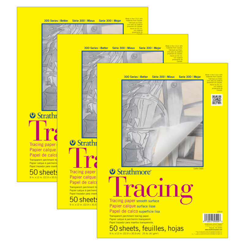 300 Series Tracing Pad, Tape Binding, 50 Sheet, 9x12 inch, Pack of 3