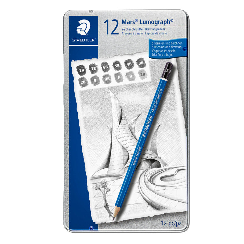 MarsÂ® LumographÂ® 12 Soft Lead Pencils in Metal Tin (8B, 7B, 6B, 5B, 4B, 3B, 2B, B, HB, F, H, 2H)