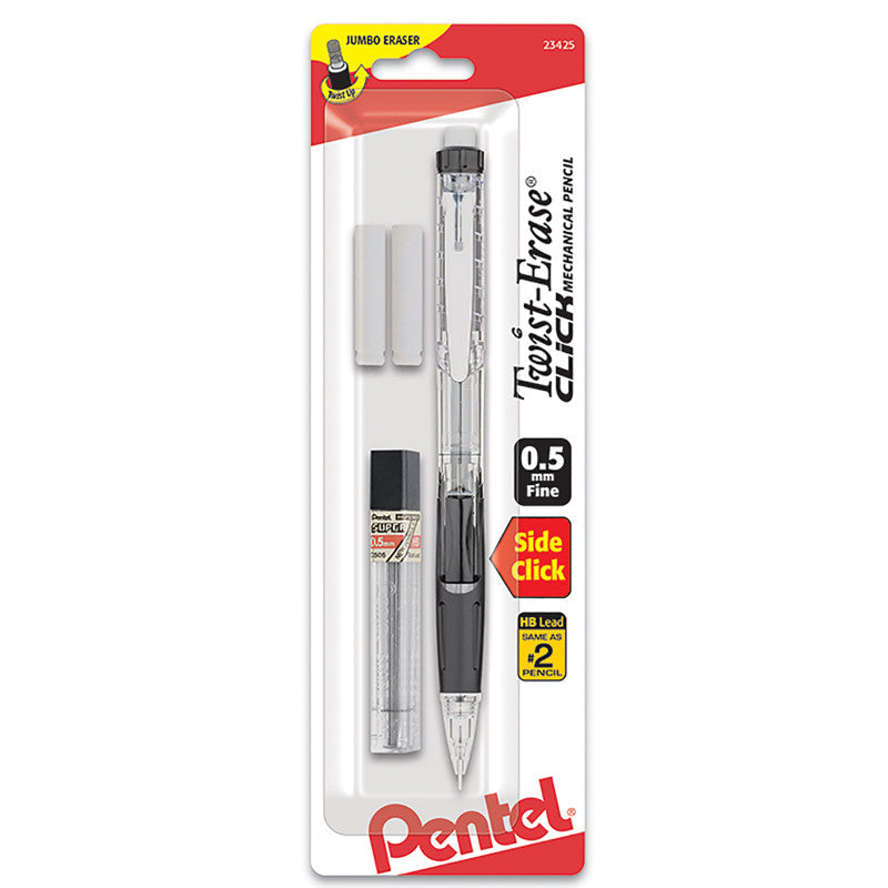 Twist-Erase Click Mechanical Pencil (0.5mm) Clear Barrel, 1-Pack with Lead & 2 Erasers