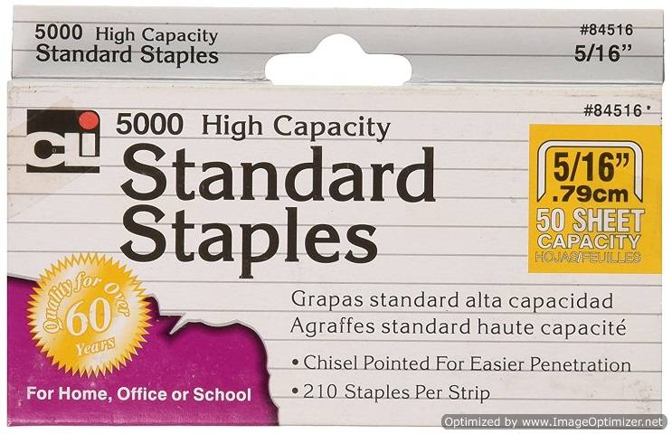 High Capacity Standard Staples, 5/16 Inch Leg Length, 5000/Box