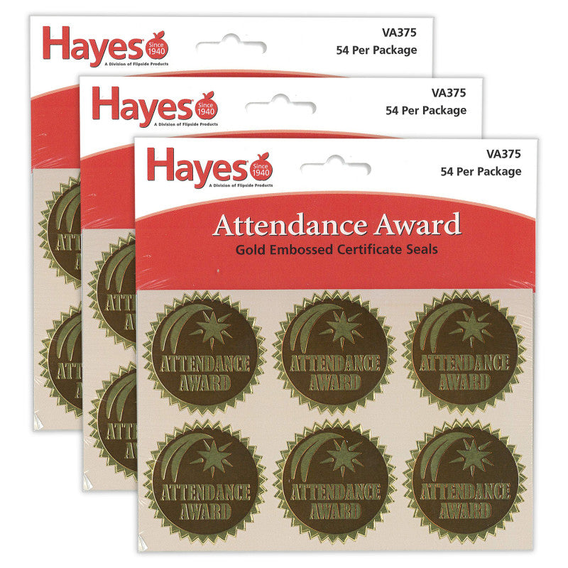 Gold Foil Embossed Seals, Attendance Award, 54 Per Pack, 3 Packs
