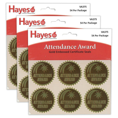 Gold Foil Embossed Seals, Attendance Award, 54 Per Pack, 3 Packs