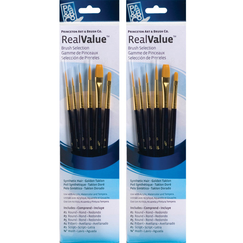 RealValue Brush Set, Gold Taklon Bristles, Short Handle Mixed Media Paintbrush, Dark Blue, 6 Per Set, 2 Sets