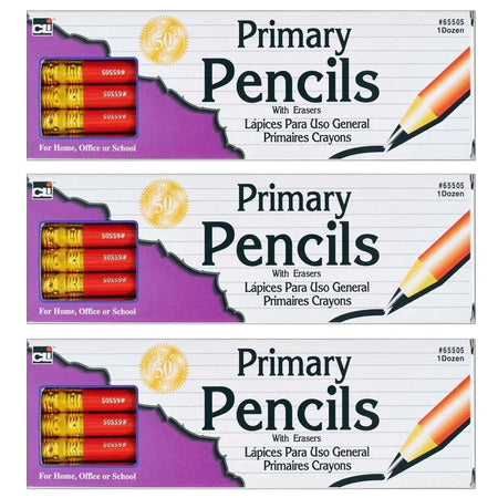 Primary Pencil, 0.41", Red with Eraser, 12 Per Box, 3 Boxes