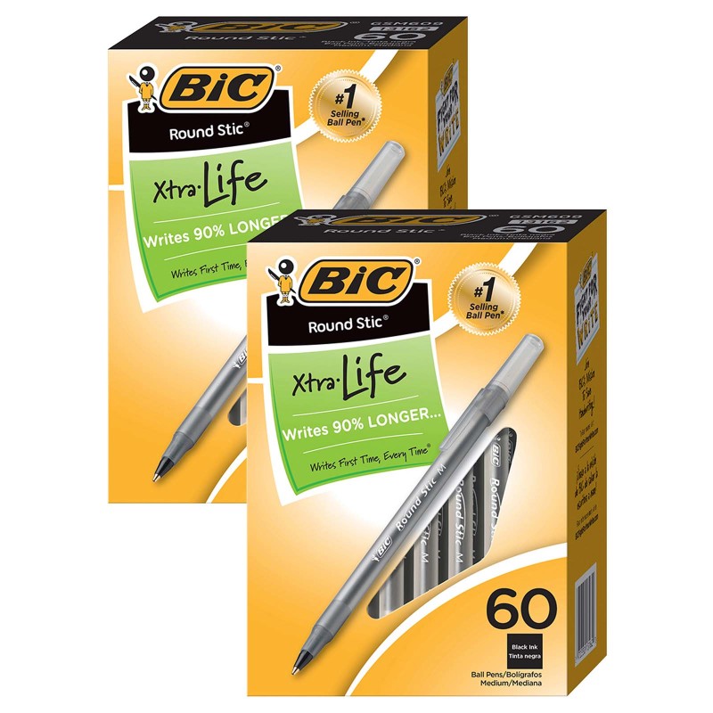 Round Stic&reg; Xtra Life Ball Pen, Black, 60 Per Pack, 2 Packs