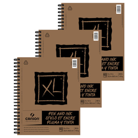XL Series Pen & Ink Pad, Side Wire Binding, 60 Sheet, 9X12 inch, Pack of 3