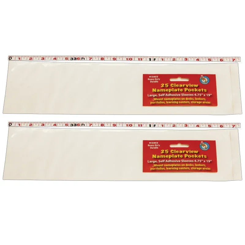 Clear View Self-Adhesive Large Name Plate Pocket 4-3/4" x 19", 25 Per Pack, 2 Packs