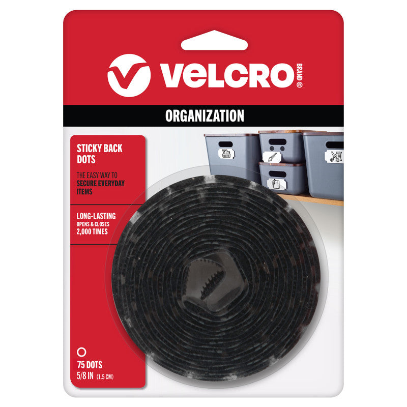 Sticky Back Hook and Loop Dots, 5/8 in Dots, Black, 75 Count