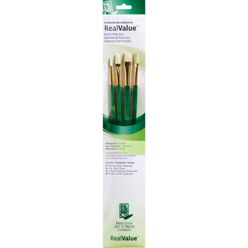 RealValue Brush Set, Natural Bristles, Long Handle Mixed Media Paintbrush, Green, 4 Pieces