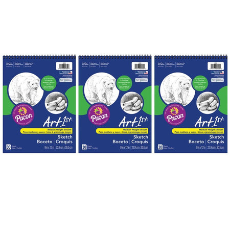 Sketch Book, Standard Weight, 9" x 12", 30 Sheets Per Book, 3 Books