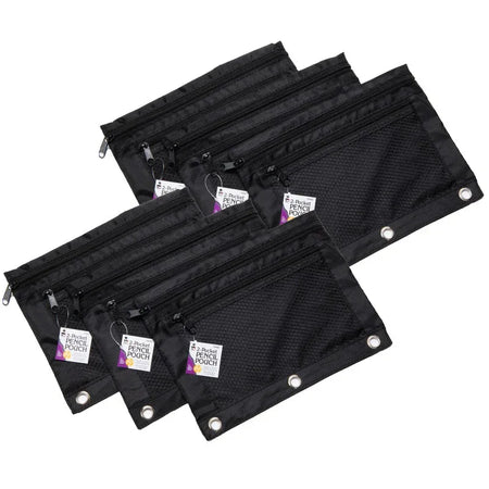 Pencil Pouch, 2 Pocket with Mesh Front, Black, Pack of 6