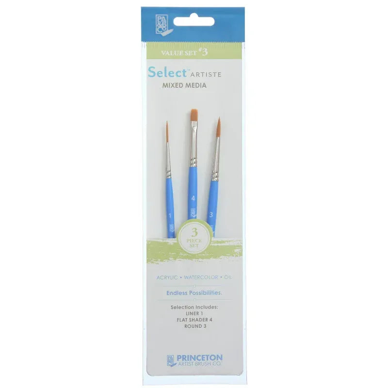 Select Artiste Brush Set No. 3, Synthetic Bristles, Short Handle Mixed Media Paintbrush, Jewel Blue, 3 Pieces