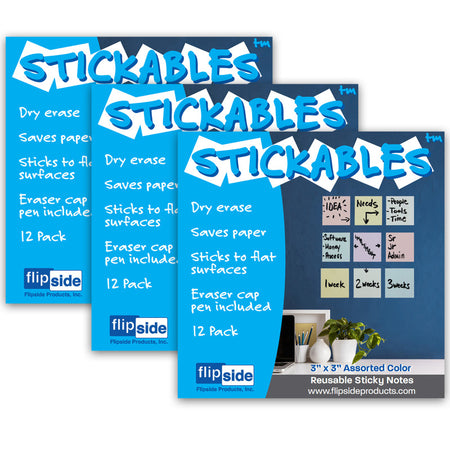 Dry Erase Stickables with Dry Erase Marker, Pastel Assorted, 3" x 3", 12 Per Pack, 3 Packs